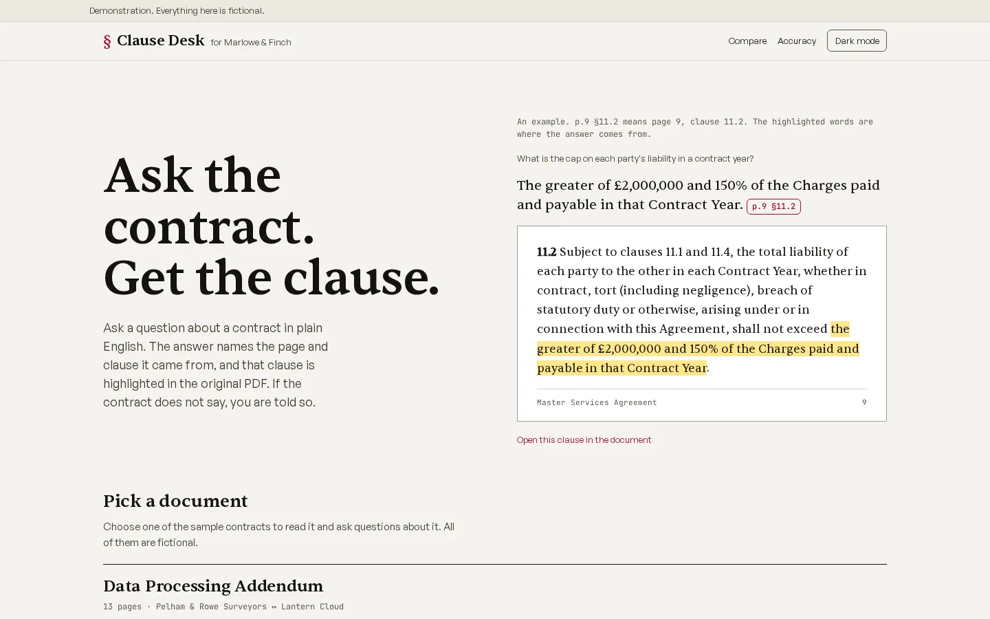 The Clause Desk home page at desktop width