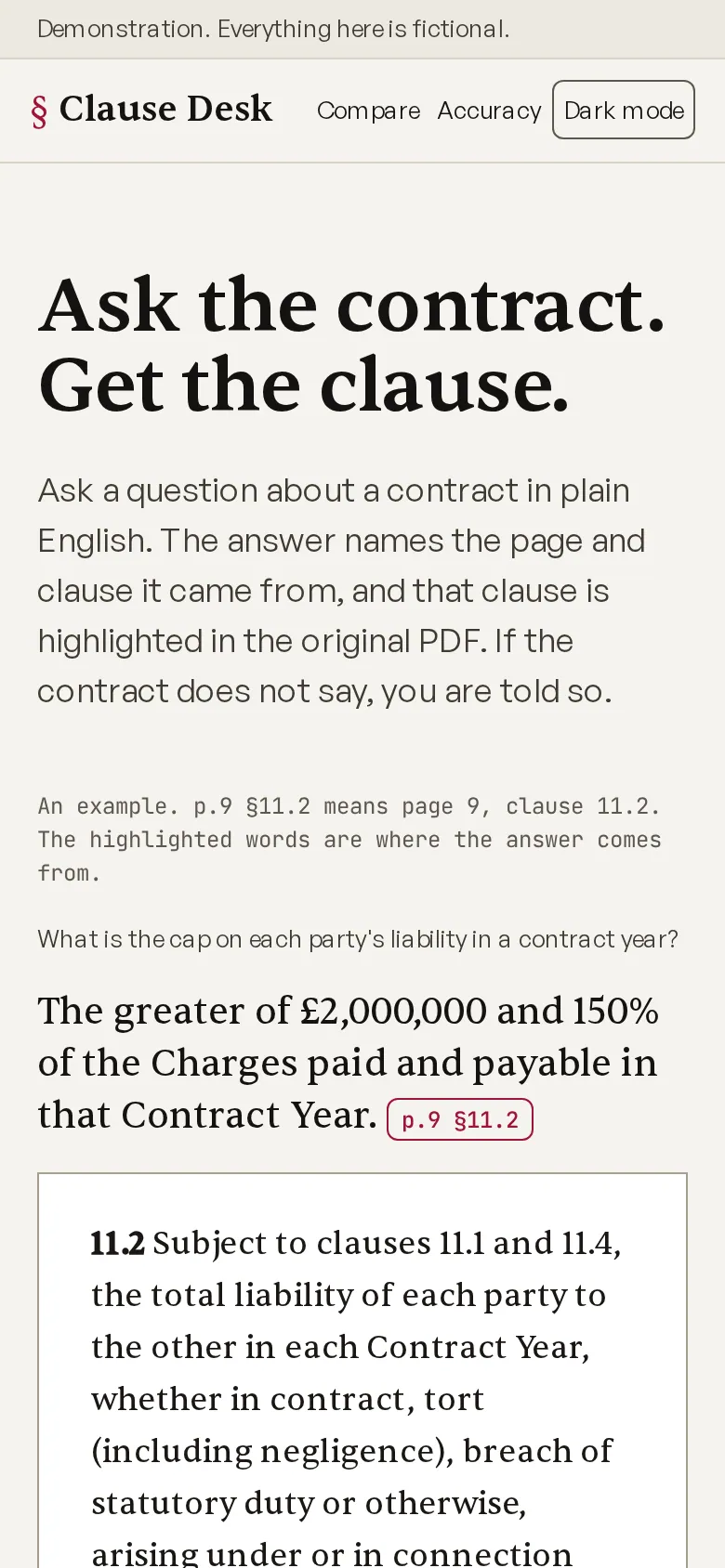 The Clause Desk home page on a phone
