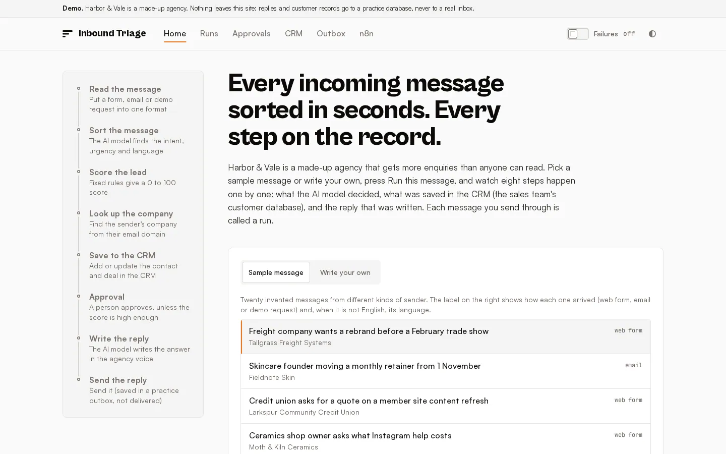 The Inbound Triage home page at desktop width