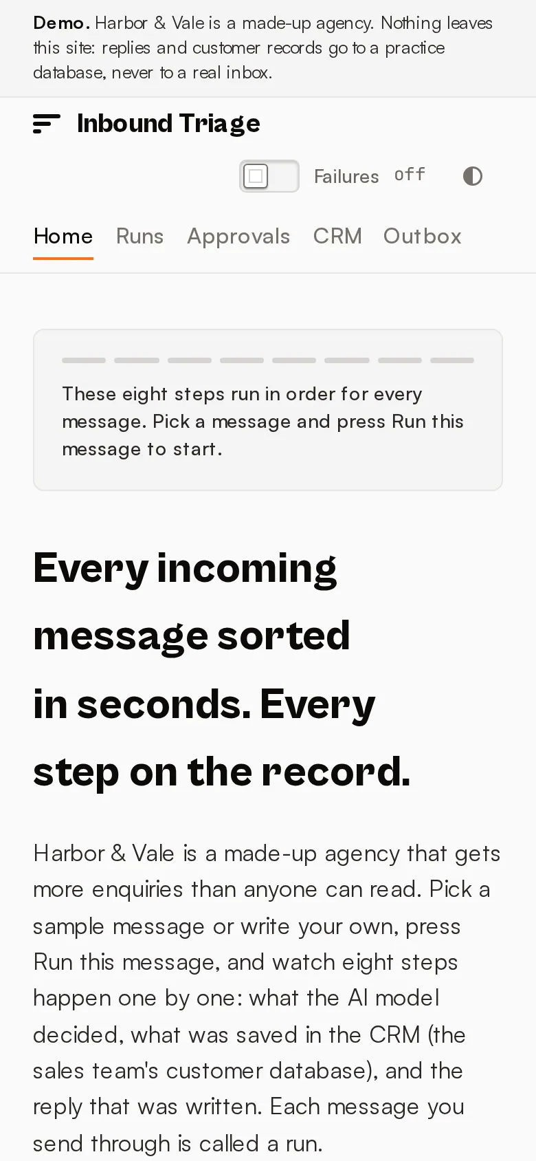 The Inbound Triage home page on a phone