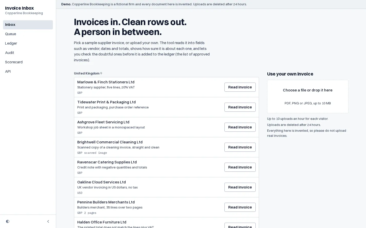 The Invoice Inbox Agent home page at desktop width