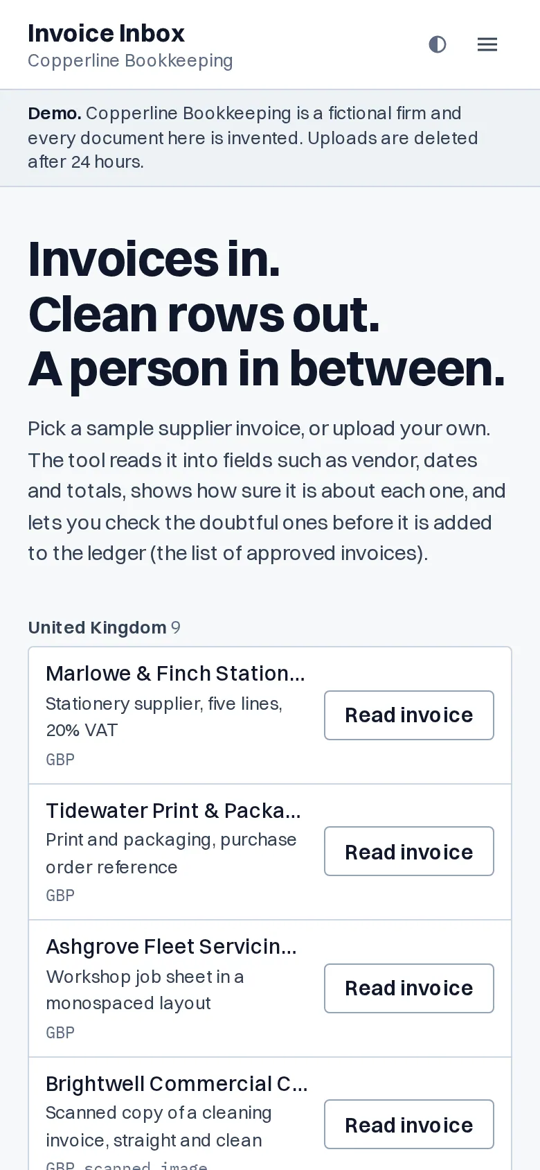 The Invoice Inbox Agent home page on a phone