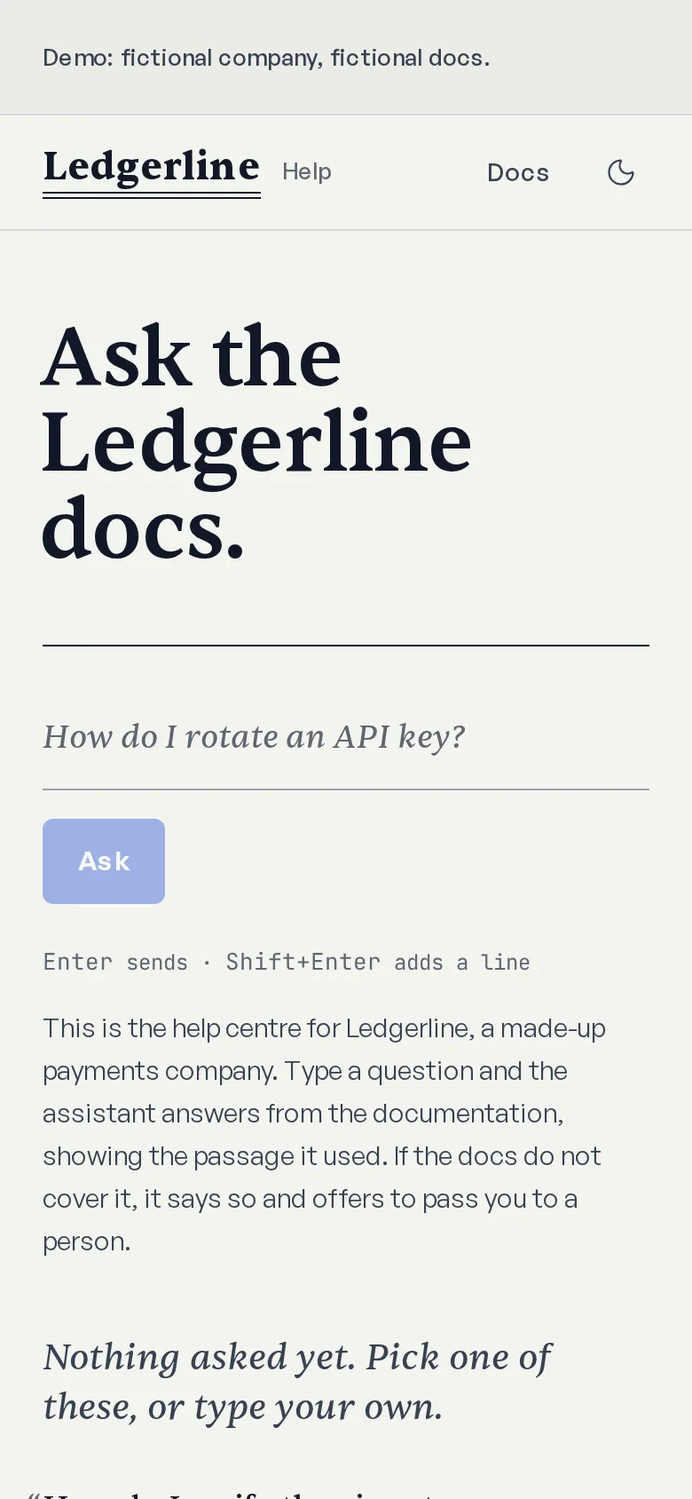 The Ledgerline Help home page on a phone