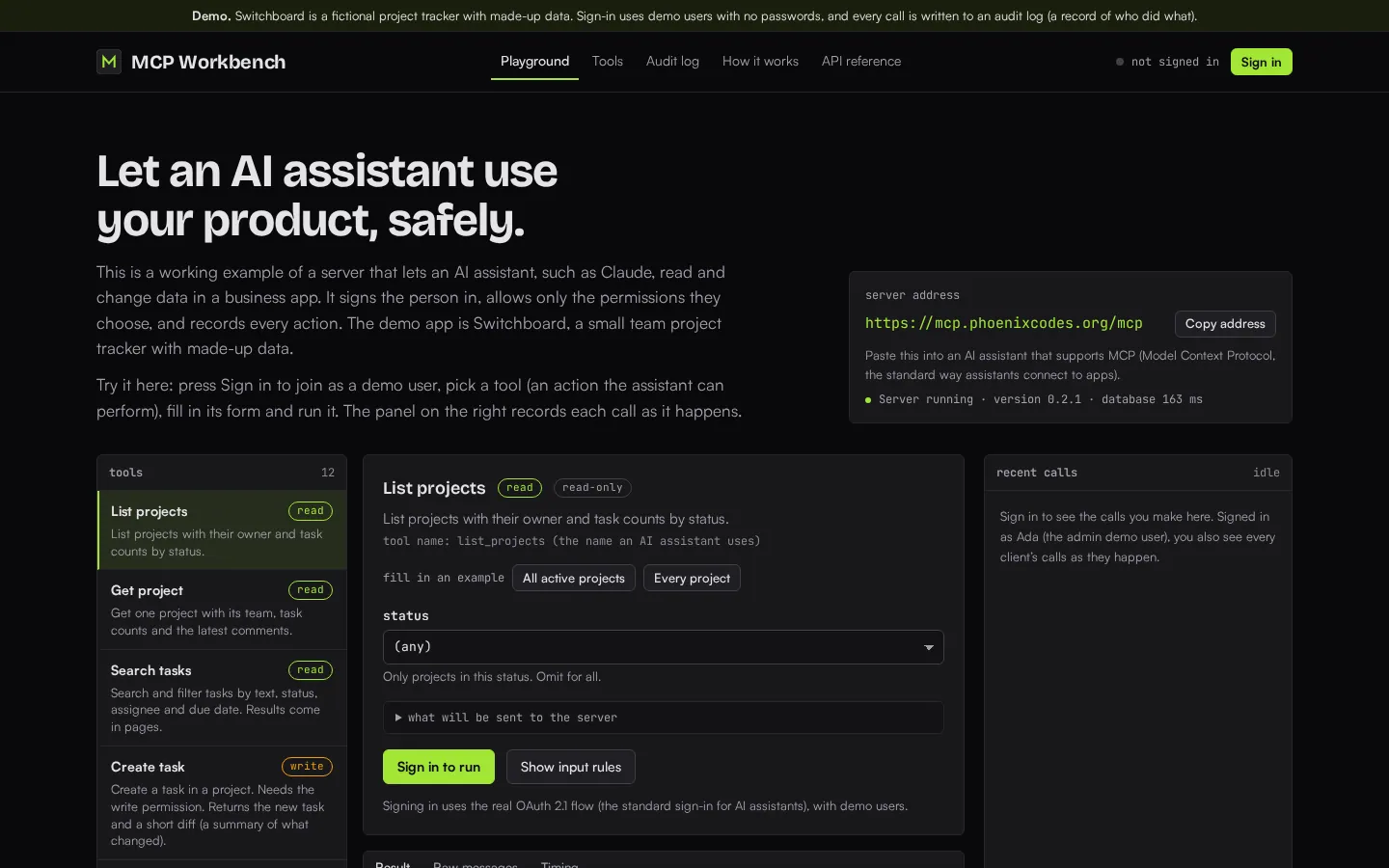 The MCP Workbench home page at desktop width