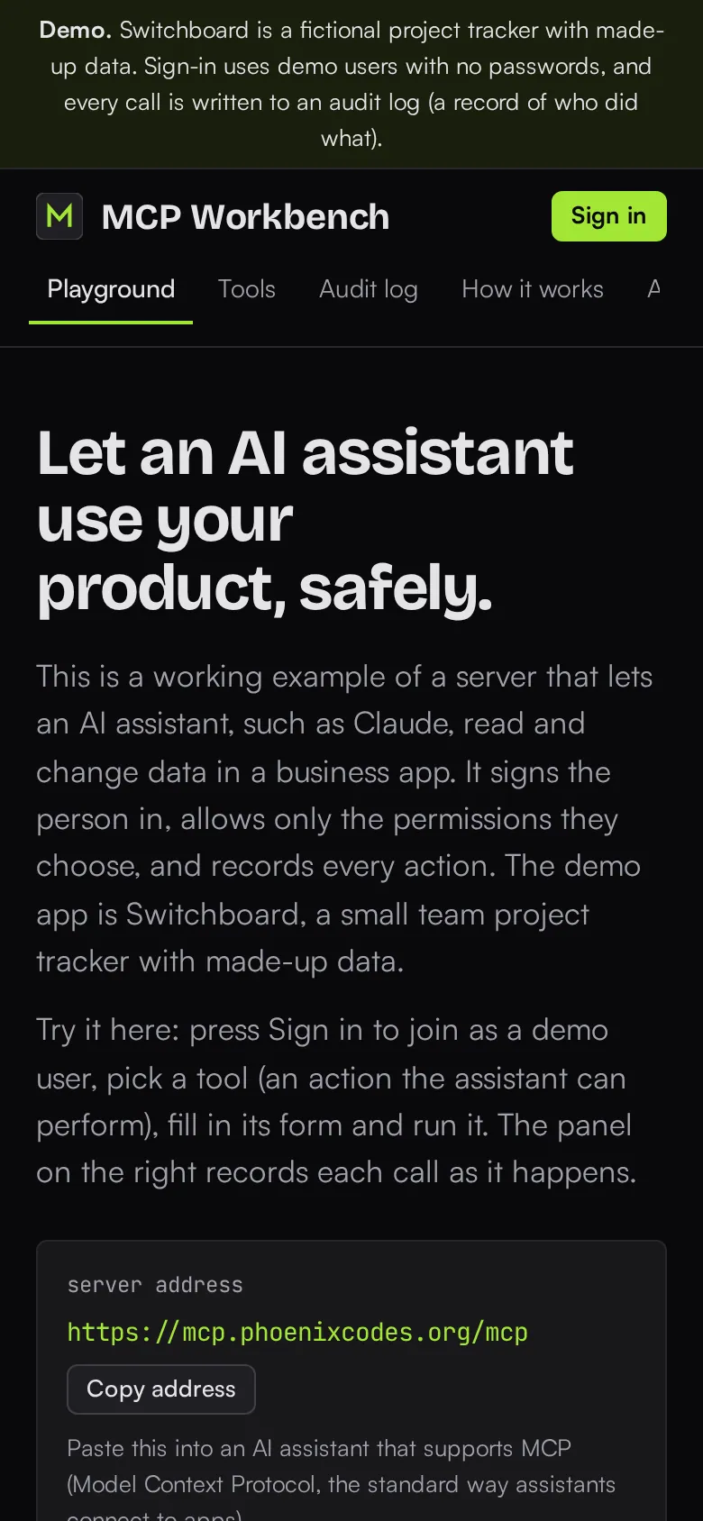 The MCP Workbench home page on a phone