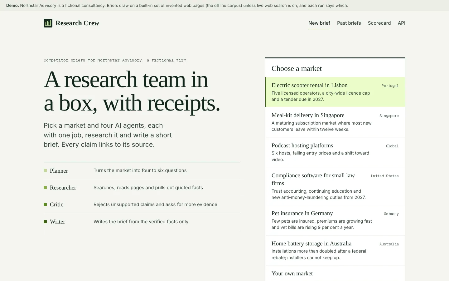 The Research Crew home page at desktop width