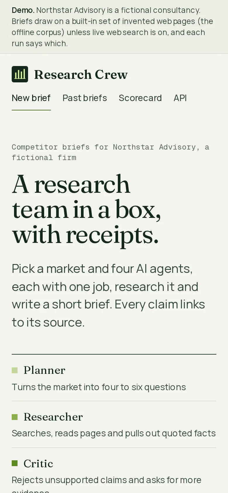 The Research Crew home page on a phone