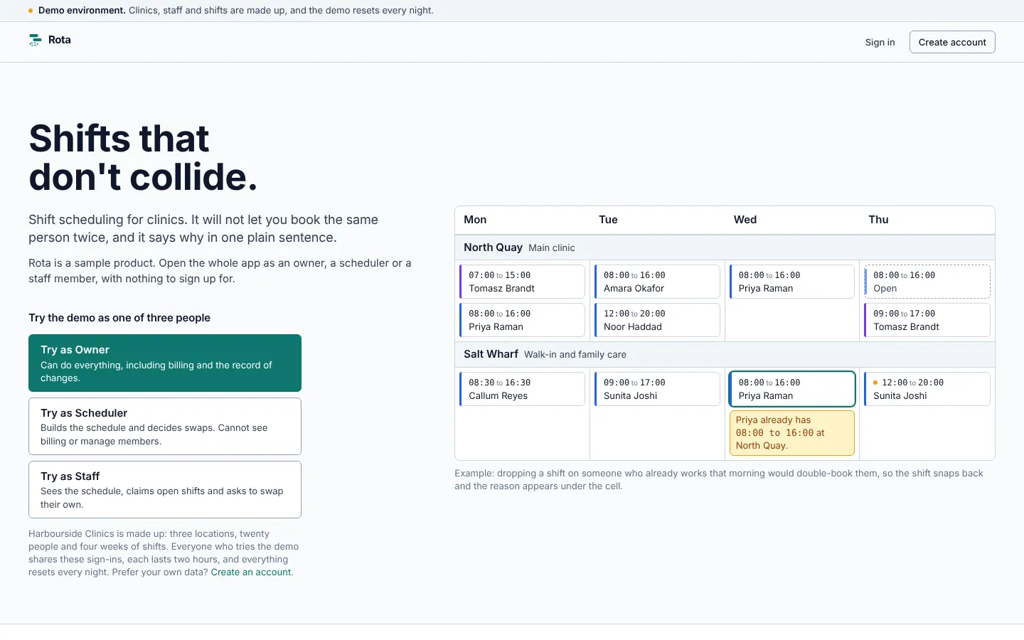 The Rota home page at desktop width
