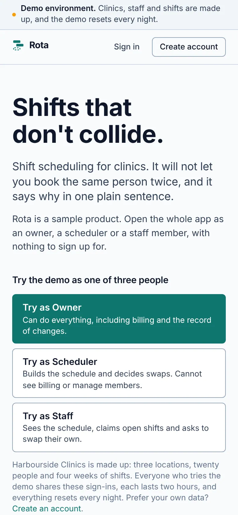 The Rota home page on a phone
