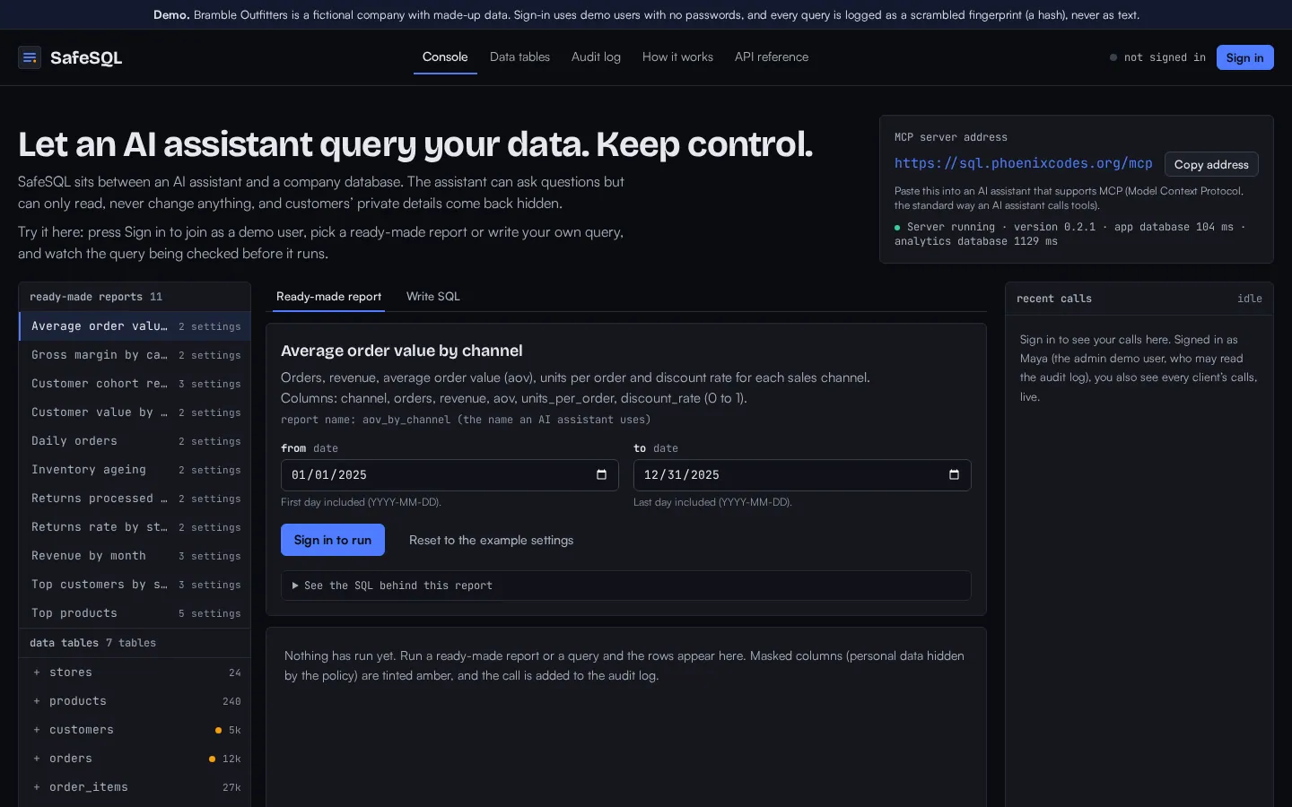 The SafeSQL MCP home page at desktop width