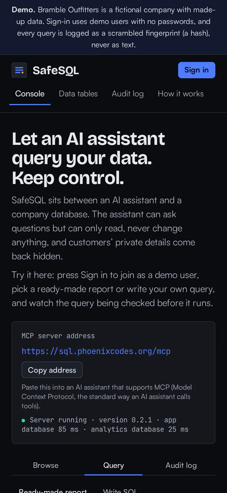 The SafeSQL MCP home page on a phone