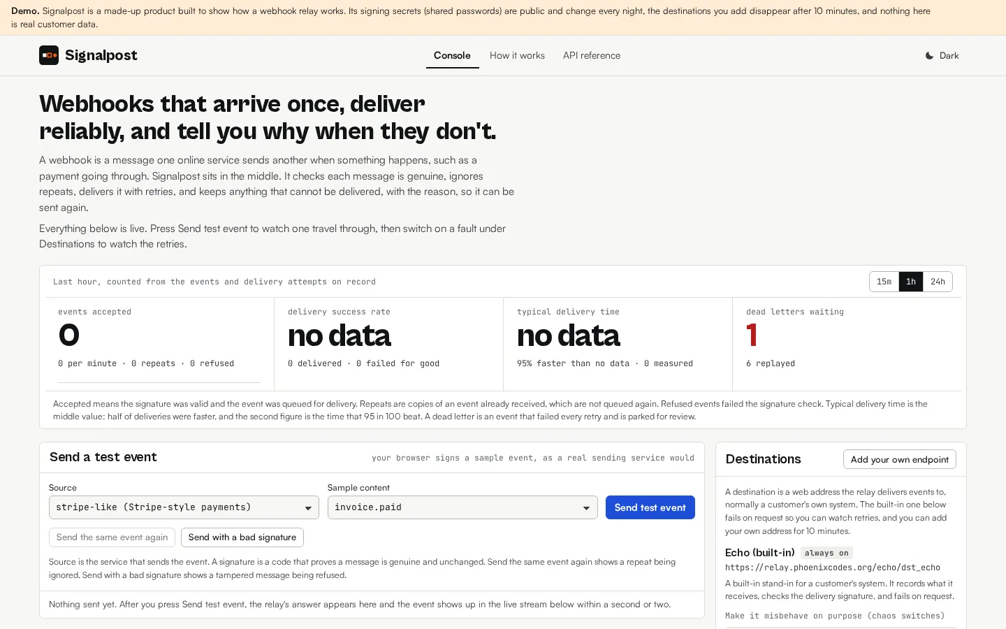 The Webhook Relay home page at desktop width