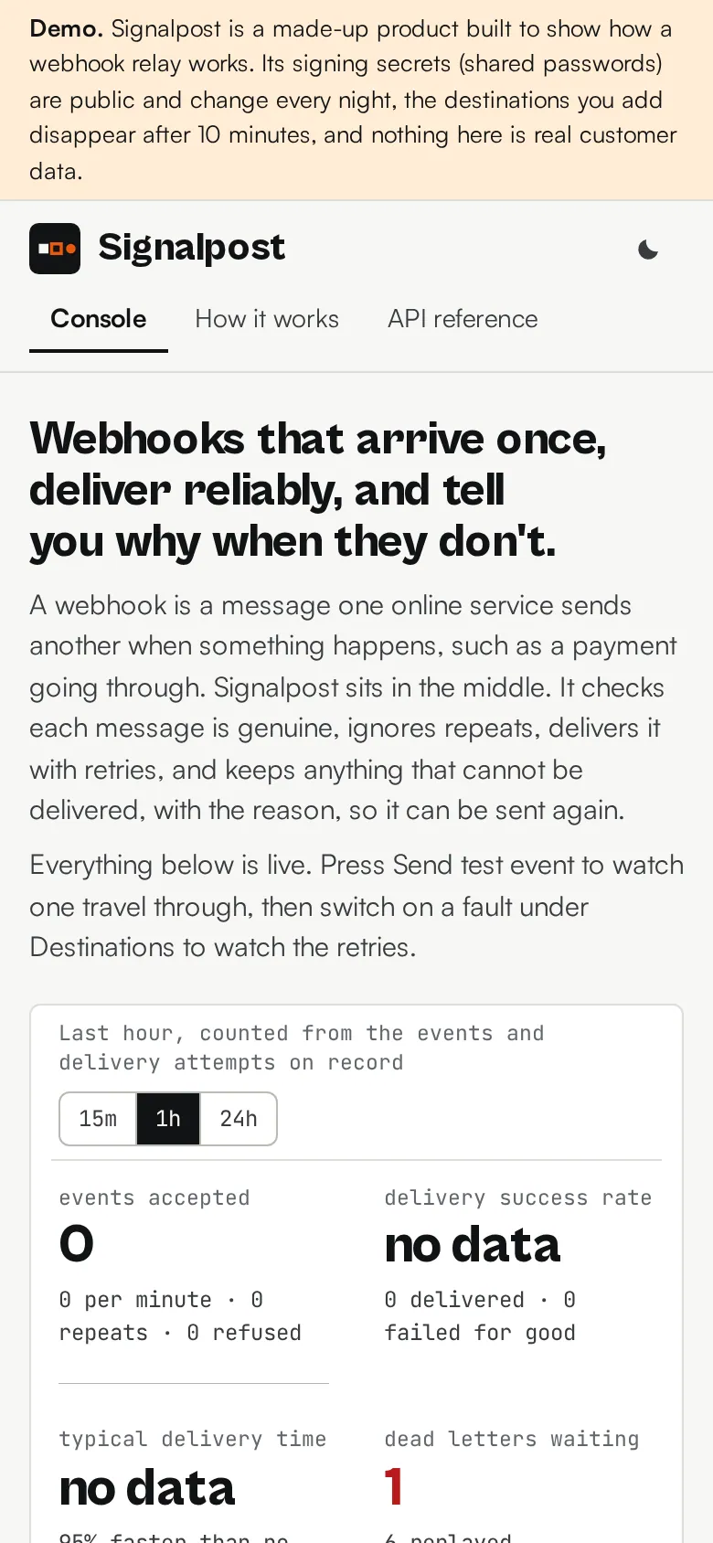 The Webhook Relay home page on a phone